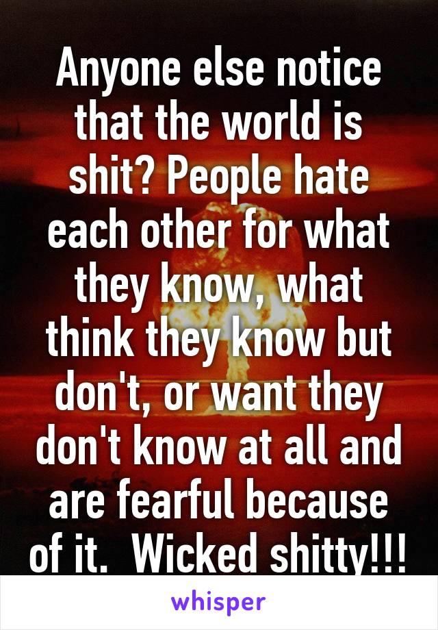 Anyone else notice that the world is shit? People hate each other for what they know, what think they know but don't, or want they don't know at all and are fearful because of it.  Wicked shitty!!!