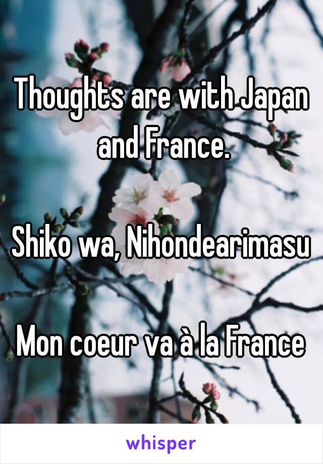 Thoughts are with Japan and France.

Shiko wa, Nihondearimasu

Mon coeur va à la France
