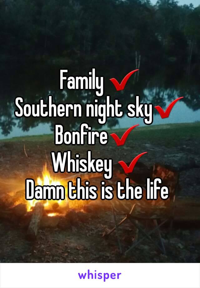 Family ✔
Southern night sky✔
Bonfire✔ 
Whiskey ✔
Damn this is the life 
