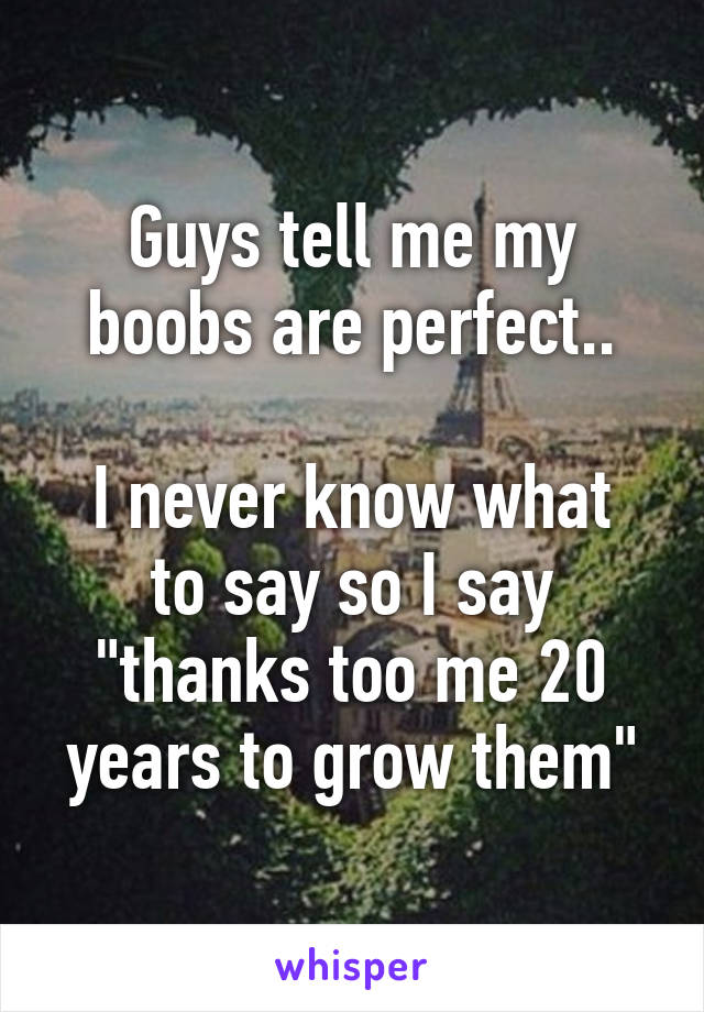 Guys tell me my boobs are perfect..

I never know what to say so I say "thanks too me 20 years to grow them"