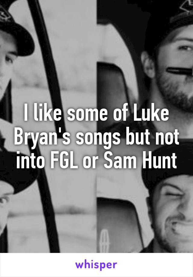 I like some of Luke Bryan's songs but not into FGL or Sam Hunt