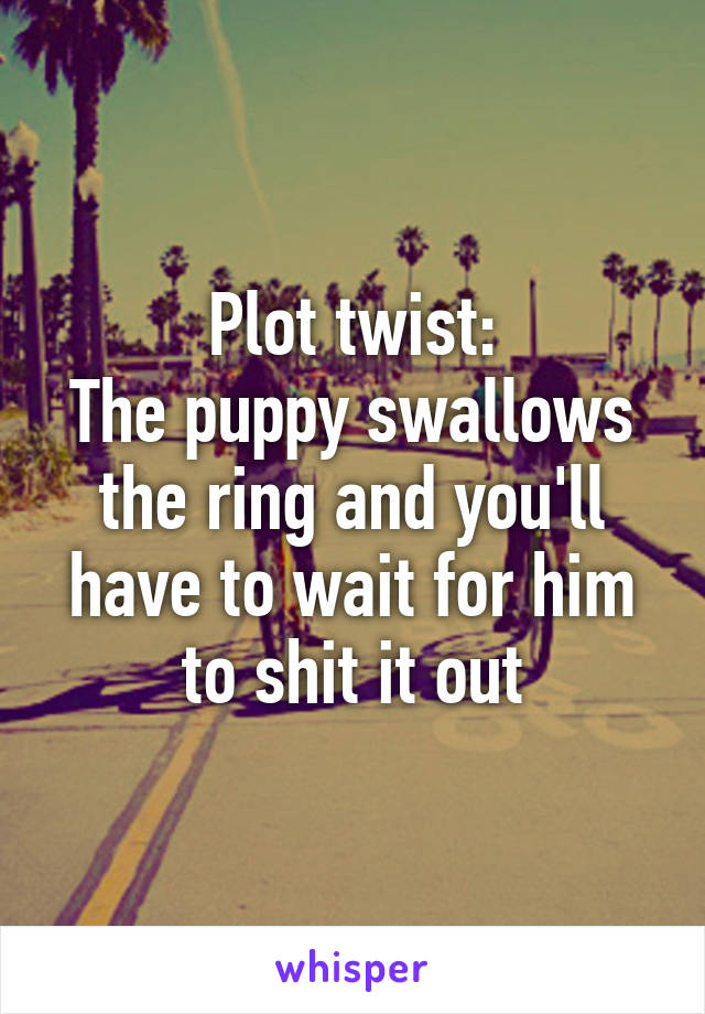 Plot twist:
The puppy swallows the ring and you'll have to wait for him to shit it out