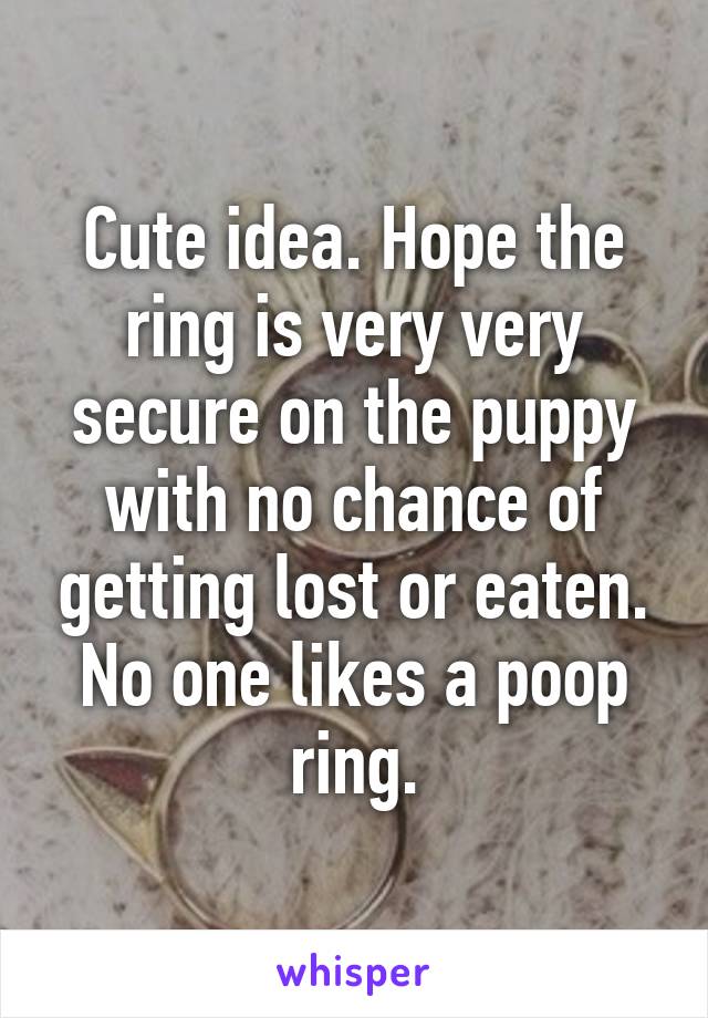 Cute idea. Hope the ring is very very secure on the puppy with no chance of getting lost or eaten. No one likes a poop ring.