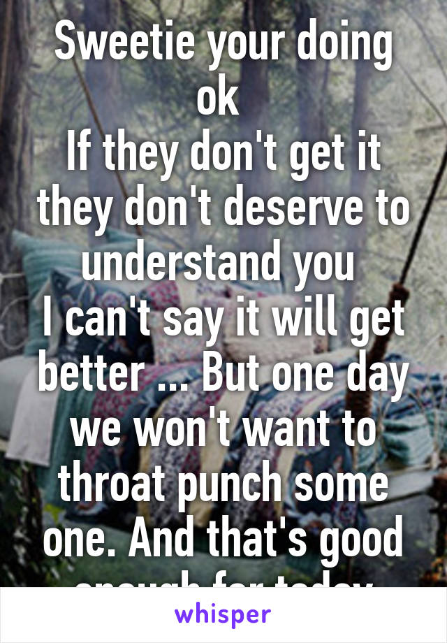 Sweetie your doing ok 
If they don't get it they don't deserve to understand you 
I can't say it will get better ... But one day we won't want to throat punch some one. And that's good enough for today