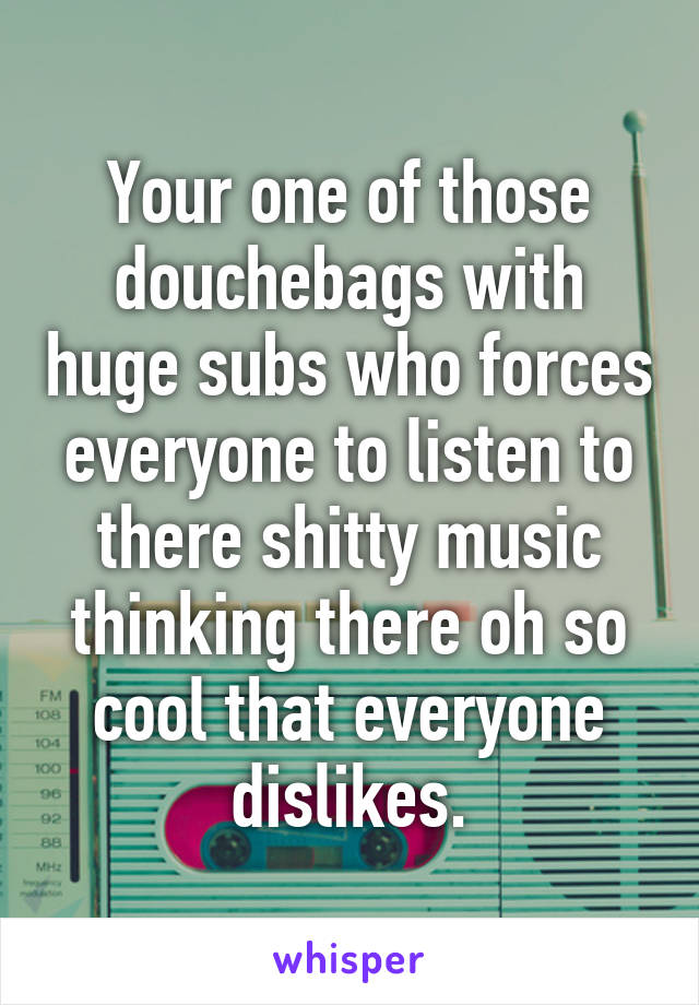 Your one of those douchebags with huge subs who forces everyone to listen to there shitty music thinking there oh so cool that everyone dislikes.