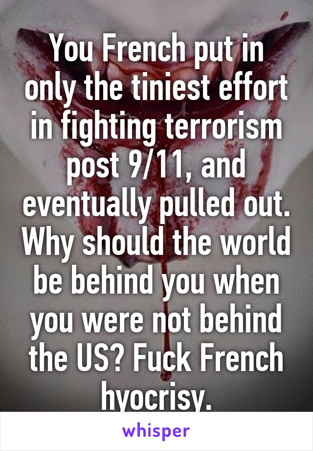 You French put in only the tiniest effort in fighting terrorism post 9/11, and eventually pulled out. Why should the world be behind you when you were not behind the US? Fuck French hyocrisy.