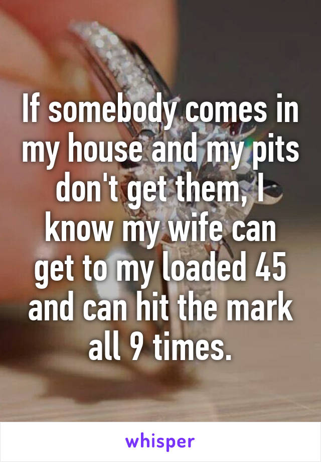 If somebody comes in my house and my pits don't get them, I know my wife can get to my loaded 45 and can hit the mark all 9 times.