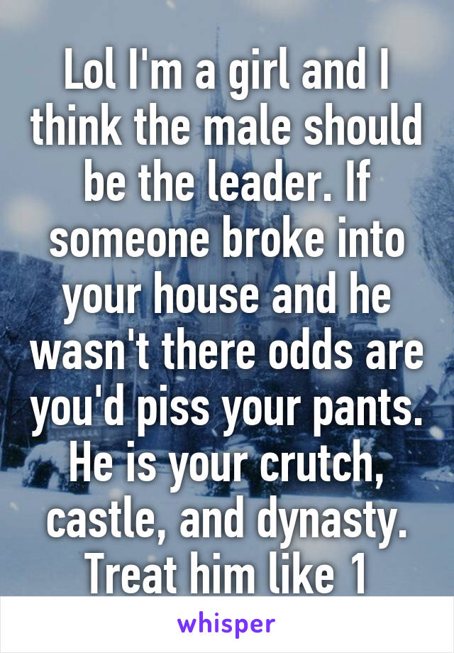 Lol I'm a girl and I think the male should be the leader. If someone broke into your house and he wasn't there odds are you'd piss your pants. He is your crutch, castle, and dynasty. Treat him like 1