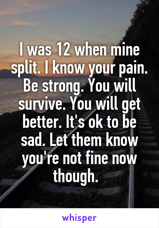 I was 12 when mine split. I know your pain. Be strong. You will survive. You will get better. It's ok to be sad. Let them know you're not fine now though.  