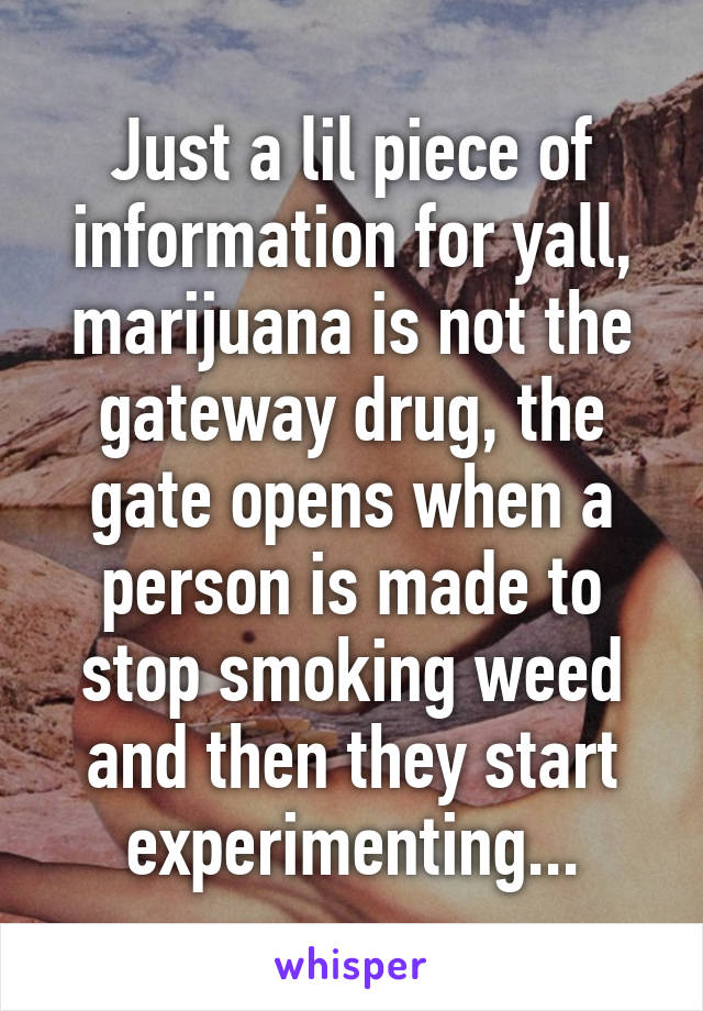 Just a lil piece of information for yall, marijuana is not the gateway drug, the gate opens when a person is made to stop smoking weed and then they start experimenting...