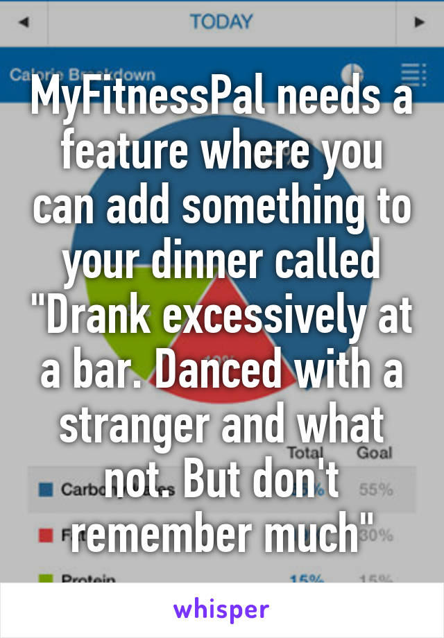 MyFitnessPal needs a feature where you can add something to your dinner called "Drank excessively at a bar. Danced with a stranger and what not. But don't remember much"