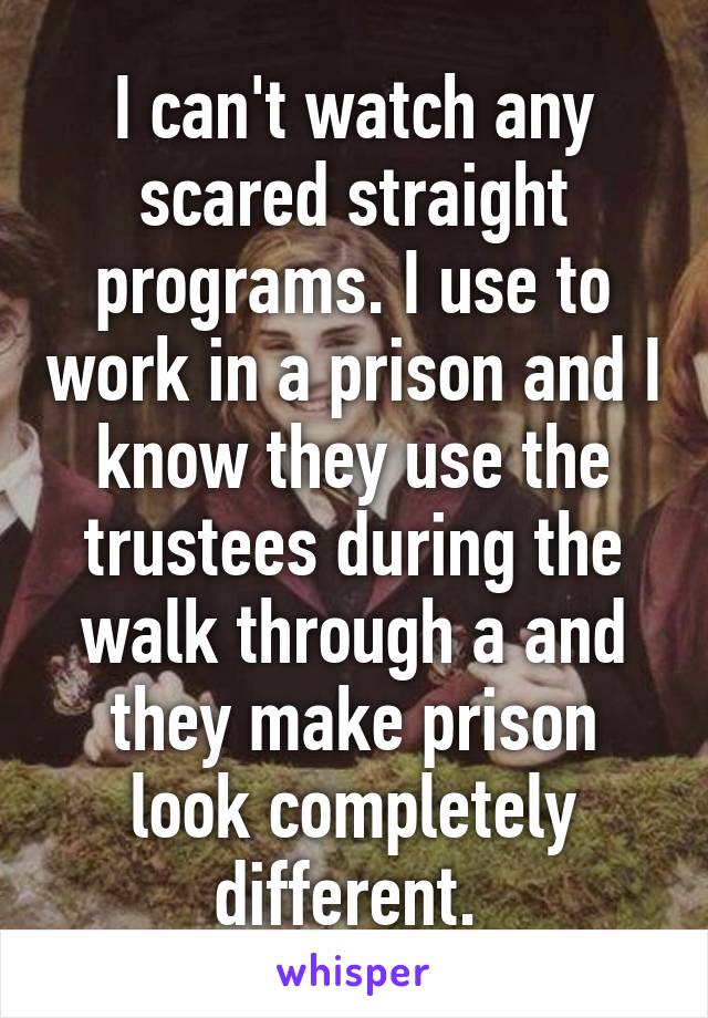 I can't watch any scared straight programs. I use to work in a prison and I know they use the trustees during the walk through a and they make prison look completely different. 