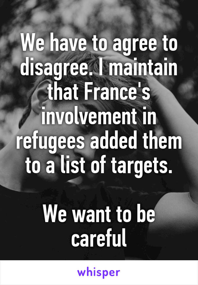 We have to agree to disagree. I maintain that France's involvement in refugees added them to a list of targets.

We want to be careful