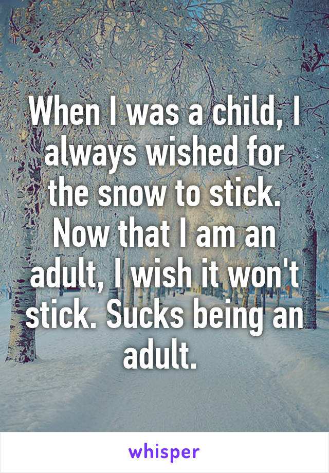 When I was a child, I always wished for the snow to stick. Now that I am an adult, I wish it won't stick. Sucks being an adult. 