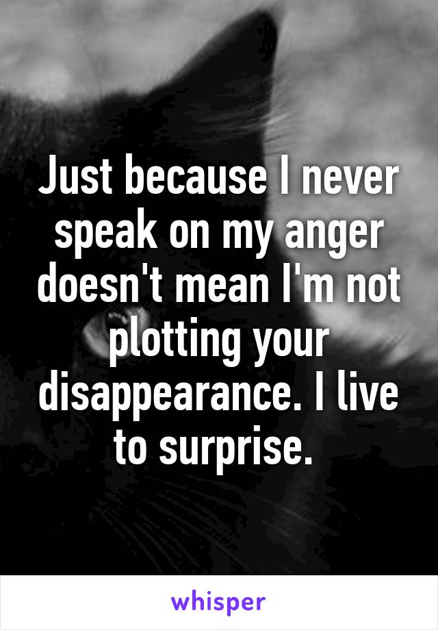 Just because I never speak on my anger doesn't mean I'm not plotting your disappearance. I live to surprise. 