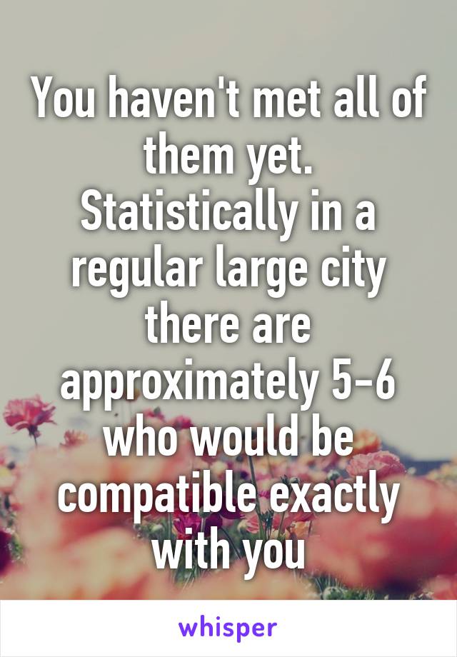 You haven't met all of them yet. Statistically in a regular large city there are approximately 5-6 who would be compatible exactly with you