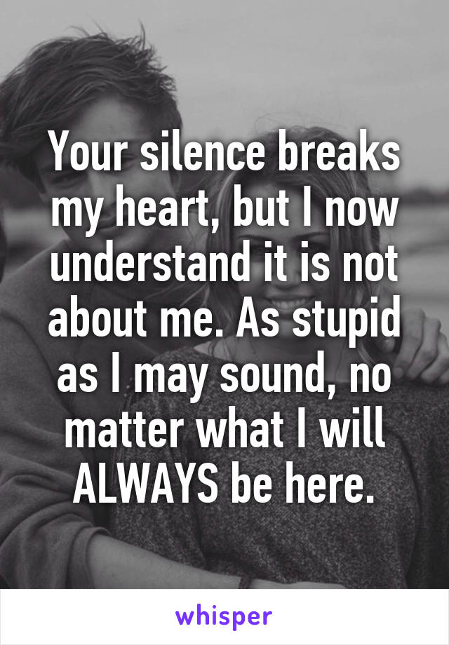 Your silence breaks my heart, but I now understand it is not about me. As stupid as I may sound, no matter what I will ALWAYS be here.