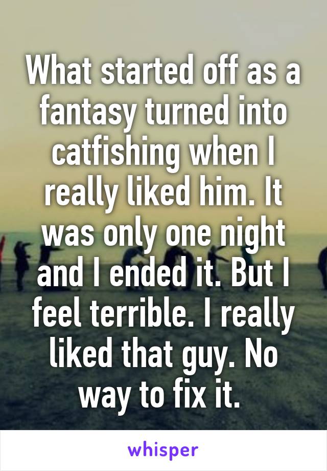 What started off as a fantasy turned into catfishing when I really liked him. It was only one night and I ended it. But I feel terrible. I really liked that guy. No way to fix it. 