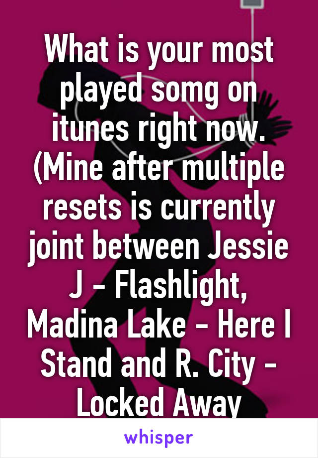 What is your most played somg on itunes right now. (Mine after multiple resets is currently joint between Jessie J - Flashlight, Madina Lake - Here I Stand and R. City - Locked Away