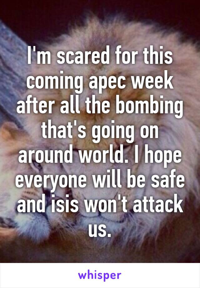 I'm scared for this coming apec week after all the bombing that's going on around world. I hope everyone will be safe and isis won't attack us.