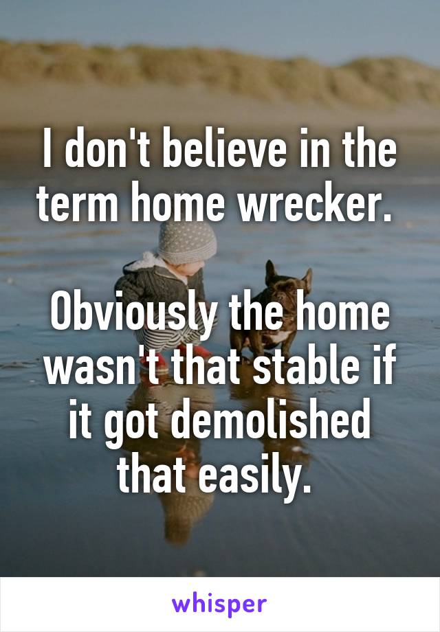 I don't believe in the term home wrecker. 

Obviously the home wasn't that stable if it got demolished that easily. 