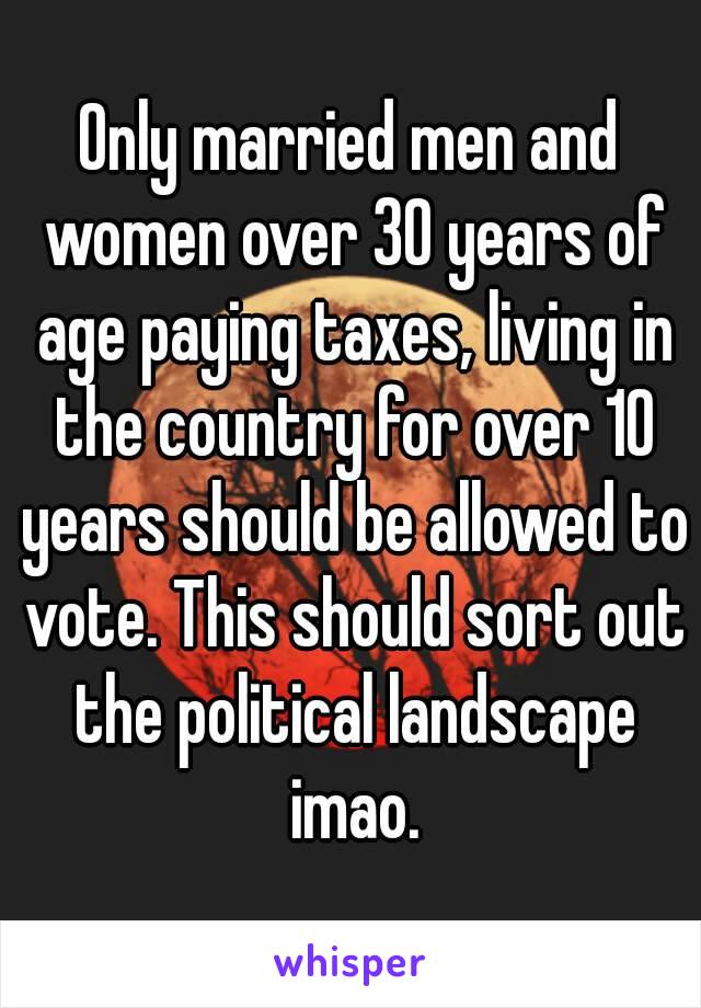 Only married men and women over 30 years of age paying taxes, living in the country for over 10 years should be allowed to vote. This should sort out the political landscape imao.