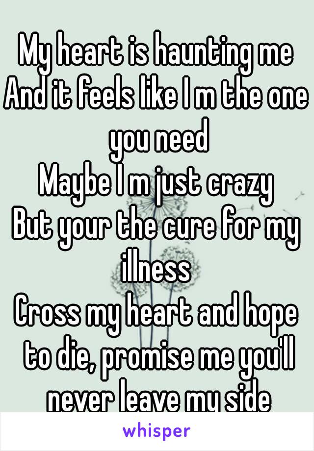 My heart is haunting me
And it feels like I m the one you need
Maybe I m just crazy
But your the cure for my illness 
Cross my heart and hope to die, promise me you'll never leave my side

