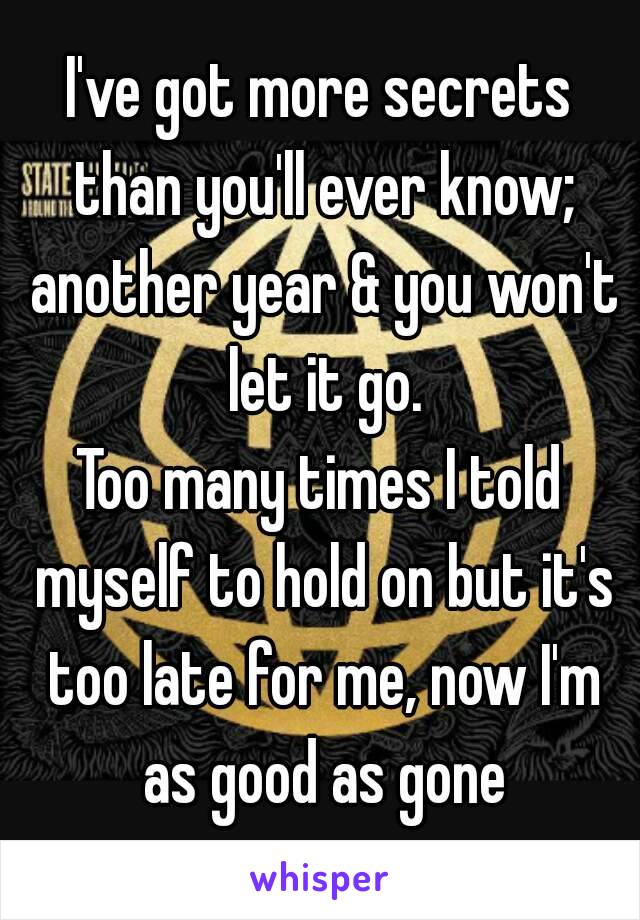 I've got more secrets than you'll ever know; another year & you won't let it go.
Too many times I told myself to hold on but it's too late for me, now I'm as good as gone