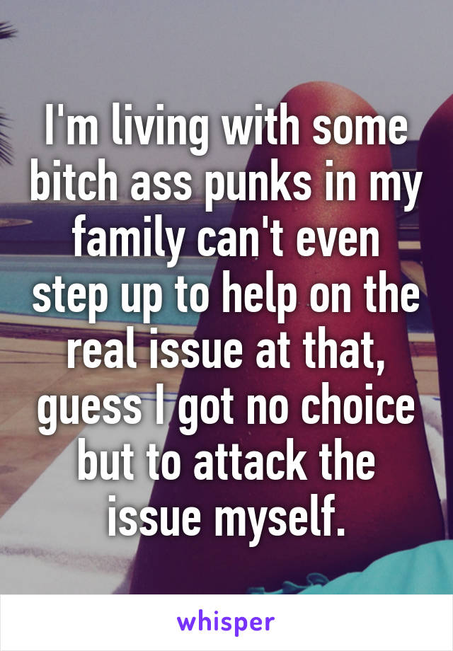 I'm living with some bitch ass punks in my family can't even step up to help on the real issue at that, guess I got no choice but to attack the issue myself.