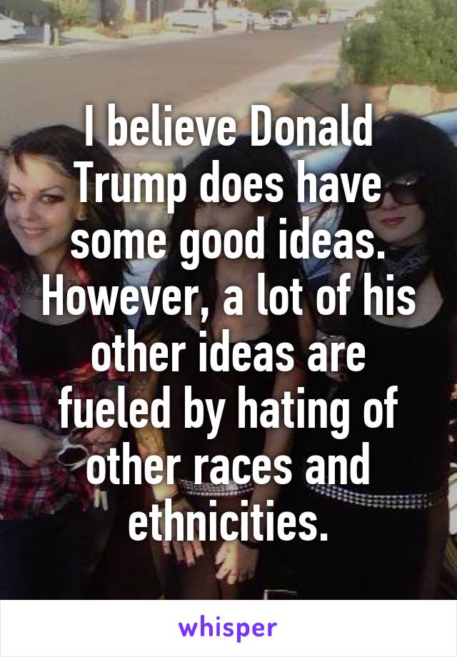 I believe Donald Trump does have some good ideas. However, a lot of his other ideas are fueled by hating of other races and ethnicities.