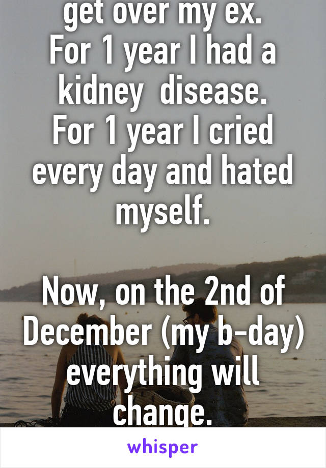 For 1 year I couldn't get over my ex.
For 1 year I had a kidney  disease.
For 1 year I cried every day and hated myself.

Now, on the 2nd of December (my b-day) everything will change.

