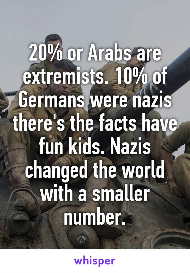 20% or Arabs are extremists. 10% of Germans were nazis there's the facts have fun kids. Nazis changed the world with a smaller number.