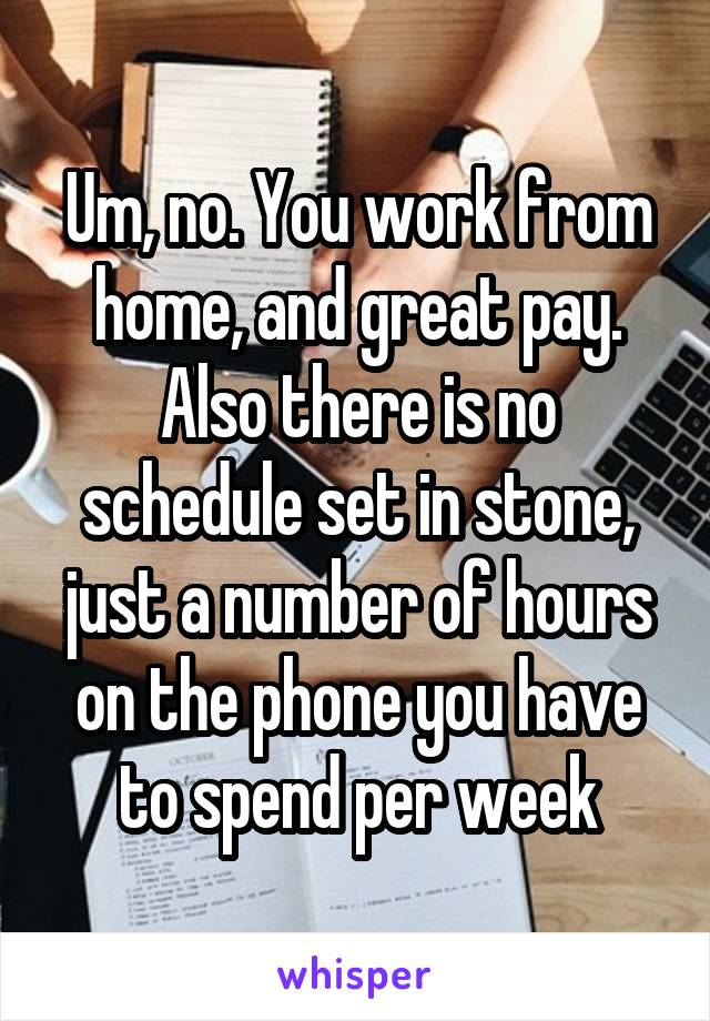 Um, no. You work from home, and great pay. Also there is no schedule set in stone, just a number of hours on the phone you have to spend per week