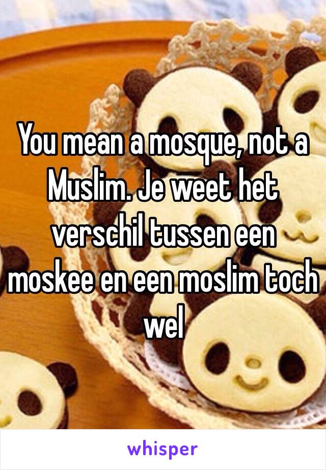 You mean a mosque, not a Muslim. Je weet het verschil tussen een moskee en een moslim toch wel