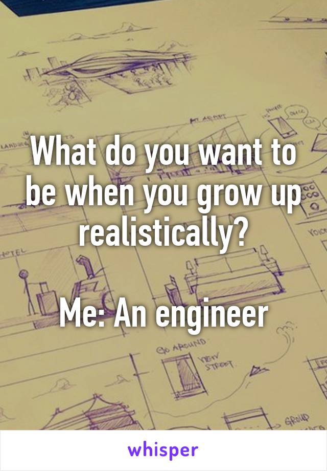 What do you want to be when you grow up realistically?

Me: An engineer