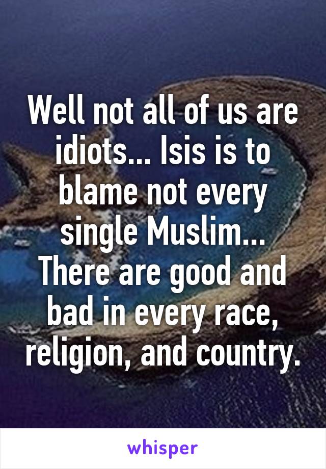 Well not all of us are idiots... Isis is to blame not every single Muslim... There are good and bad in every race, religion, and country.