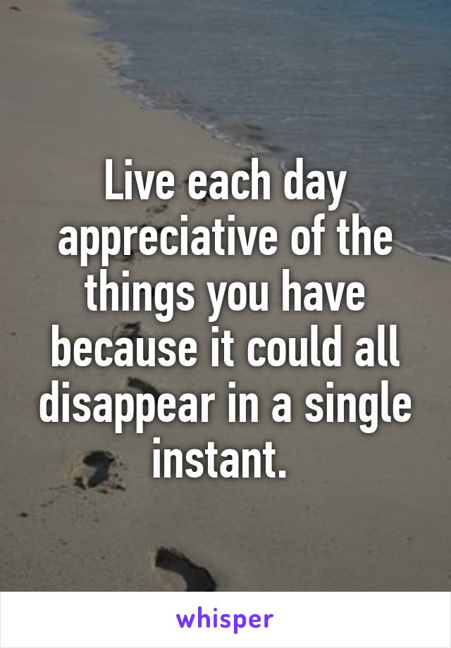 Live each day appreciative of the things you have because it could all disappear in a single instant. 