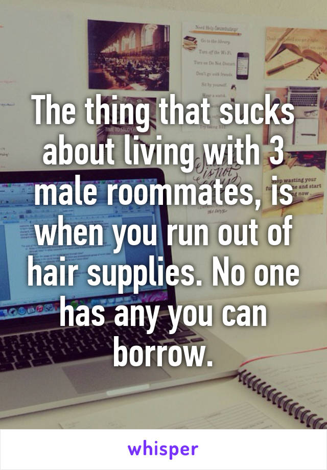 The thing that sucks about living with 3 male roommates, is when you run out of hair supplies. No one has any you can borrow.