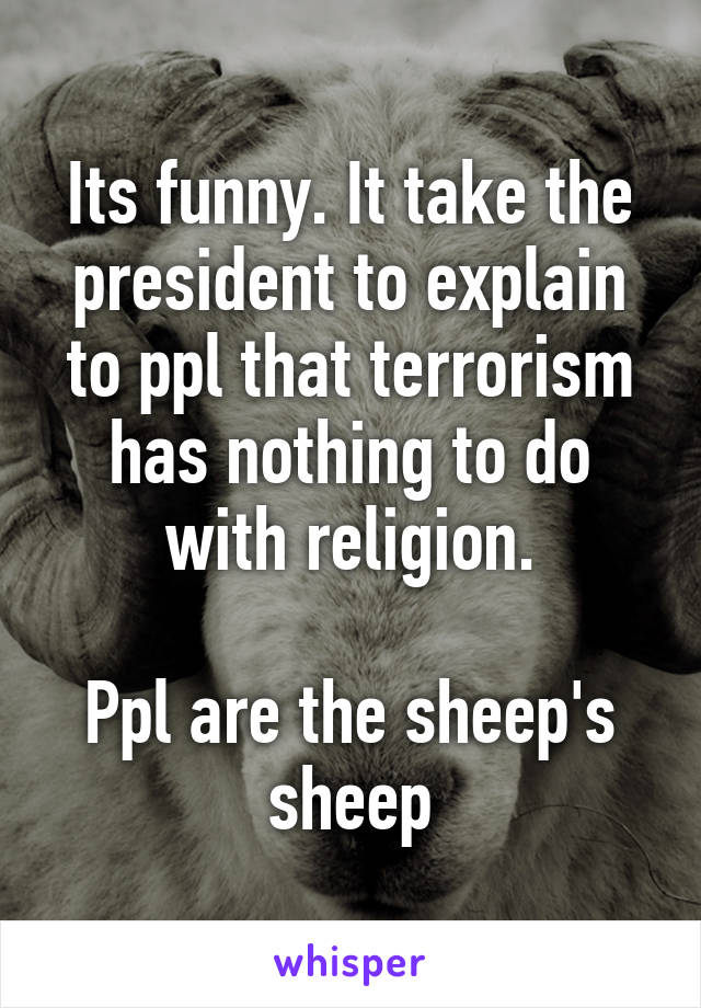 Its funny. It take the president to explain to ppl that terrorism has nothing to do with religion.

Ppl are the sheep's sheep