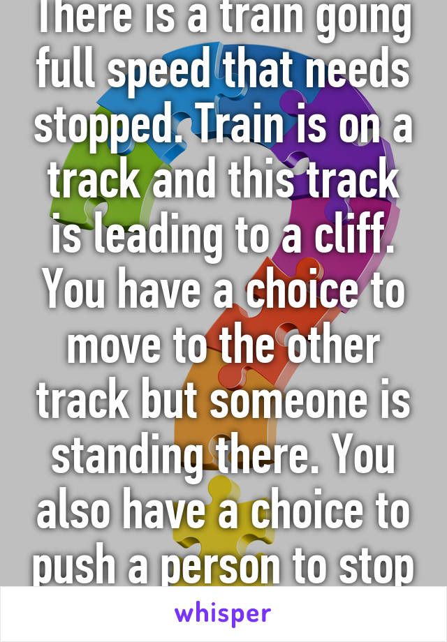 There is a train going full speed that needs stopped. Train is on a track and this track is leading to a cliff. You have a choice to move to the other track but someone is standing there. You also have a choice to push a person to stop the train. 