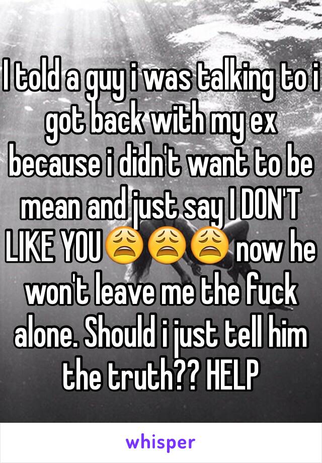 I told a guy i was talking to i got back with my ex because i didn't want to be mean and just say I DON'T LIKE YOU😩😩😩 now he won't leave me the fuck alone. Should i just tell him the truth?? HELP 