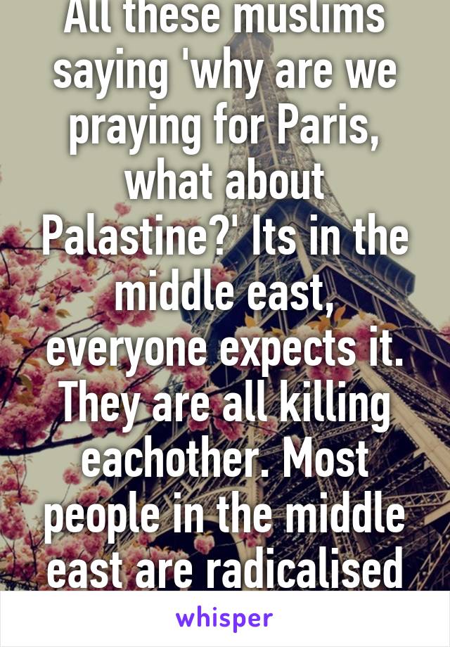 All these muslims saying 'why are we praying for Paris, what about Palastine?' Its in the middle east, everyone expects it. They are all killing eachother. Most people in the middle east are radicalised idiots, i just dgaf