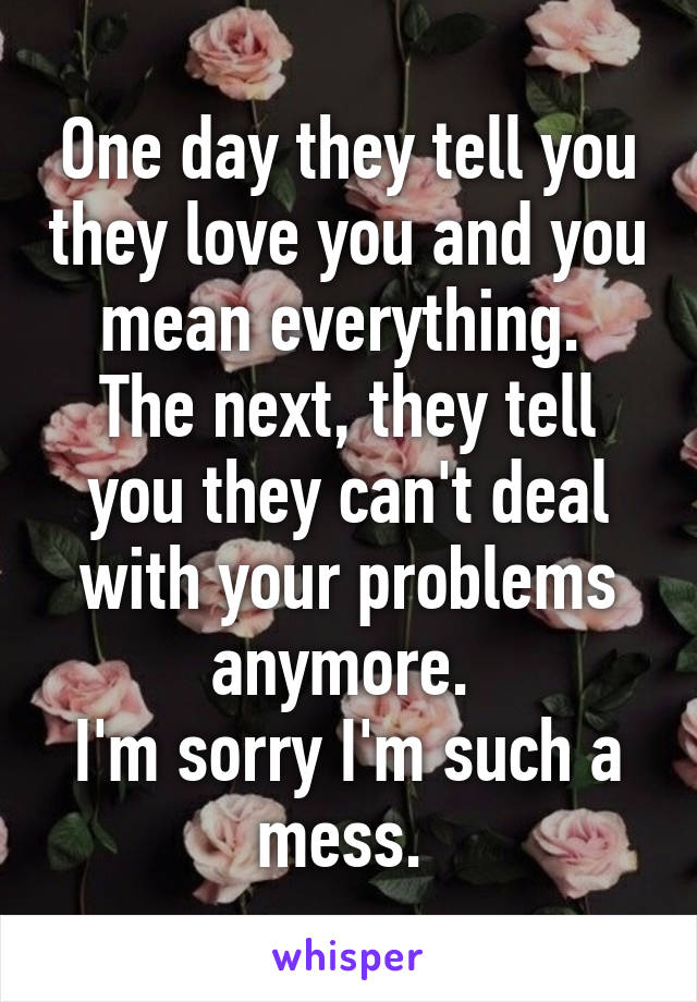 One day they tell you they love you and you mean everything. 
The next, they tell you they can't deal with your problems anymore. 
I'm sorry I'm such a mess. 