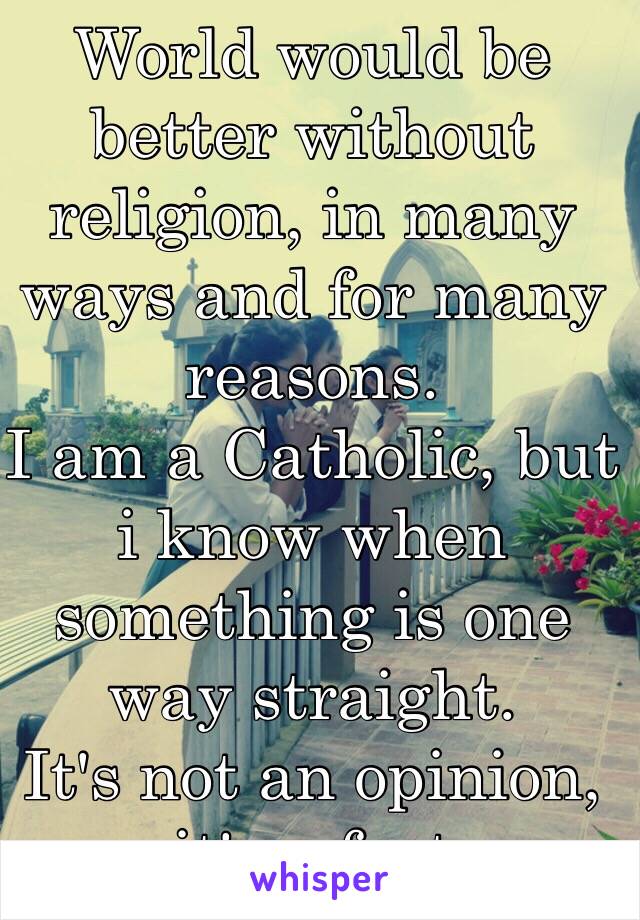 World would be better without religion, in many ways and for many reasons.
I am a Catholic, but i know when something is one way straight.
It's not an opinion, it's a fact