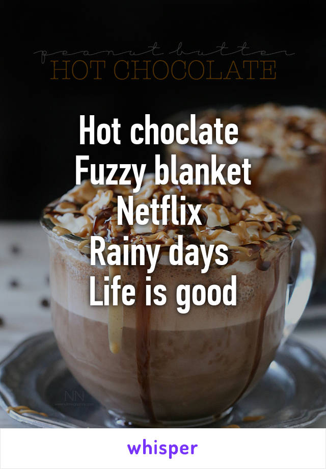 Hot choclate 
Fuzzy blanket
Netflix 
Rainy days 
Life is good
