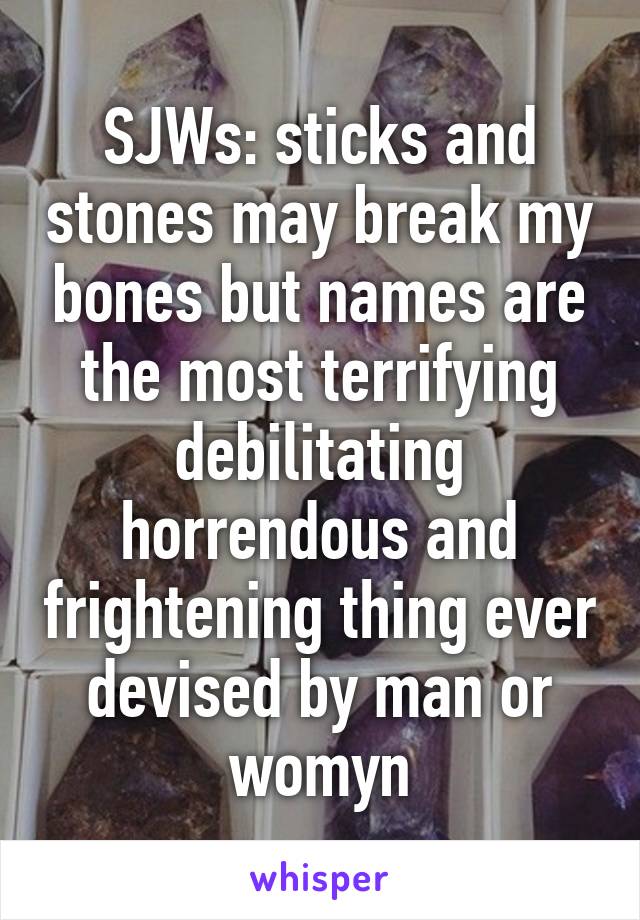 SJWs: sticks and stones may break my bones but names are the most terrifying debilitating horrendous and frightening thing ever devised by man or womyn