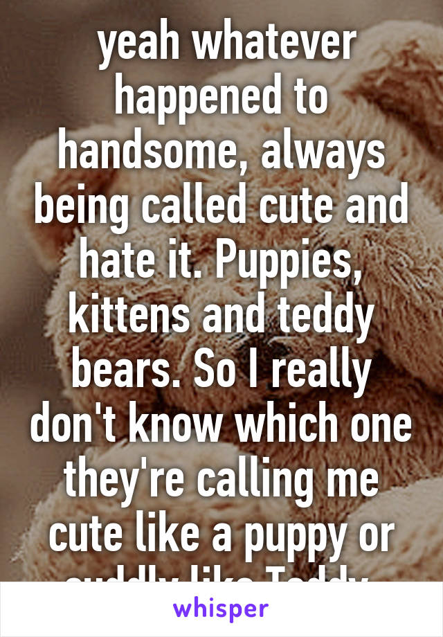  yeah whatever happened to handsome, always being called cute and hate it. Puppies, kittens and teddy bears. So I really don't know which one they're calling me cute like a puppy or cuddly like Teddy.