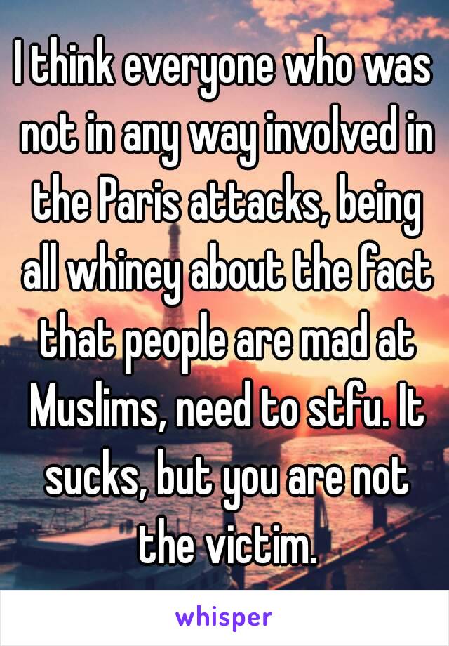 I think everyone who was not in any way involved in the Paris attacks, being all whiney about the fact that people are mad at Muslims, need to stfu. It sucks, but you are not the victim.