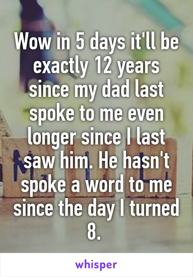 Wow in 5 days it'll be exactly 12 years since my dad last spoke to me even longer since I last saw him. He hasn't spoke a word to me since the day I turned 8. 