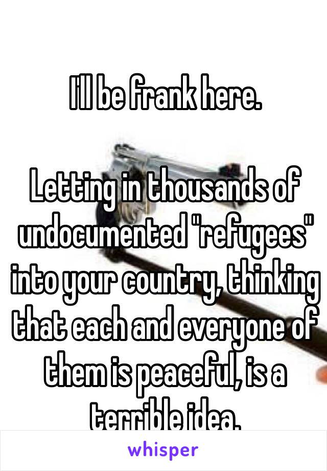 I'll be frank here.

Letting in thousands of undocumented "refugees" into your country, thinking that each and everyone of them is peaceful, is a terrible idea.